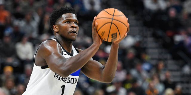 Anthony Edwards of the Minnesota Timberwolves shoots against the Jazz at Vivint Arena on Feb. 8, 2023, in Salt Lake City, Utah.