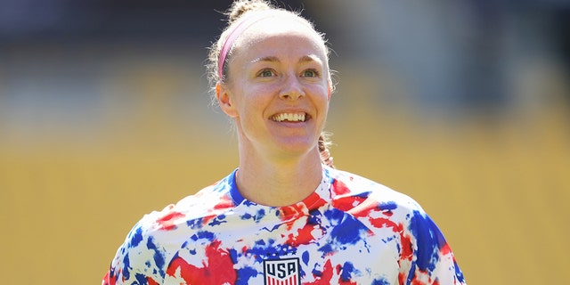 Becky Sauerbrunn #4 of the United States warms up before a game between New Zealand and USA at Sky Stadium on January 17, 2023 in Wellington, New Zealand.