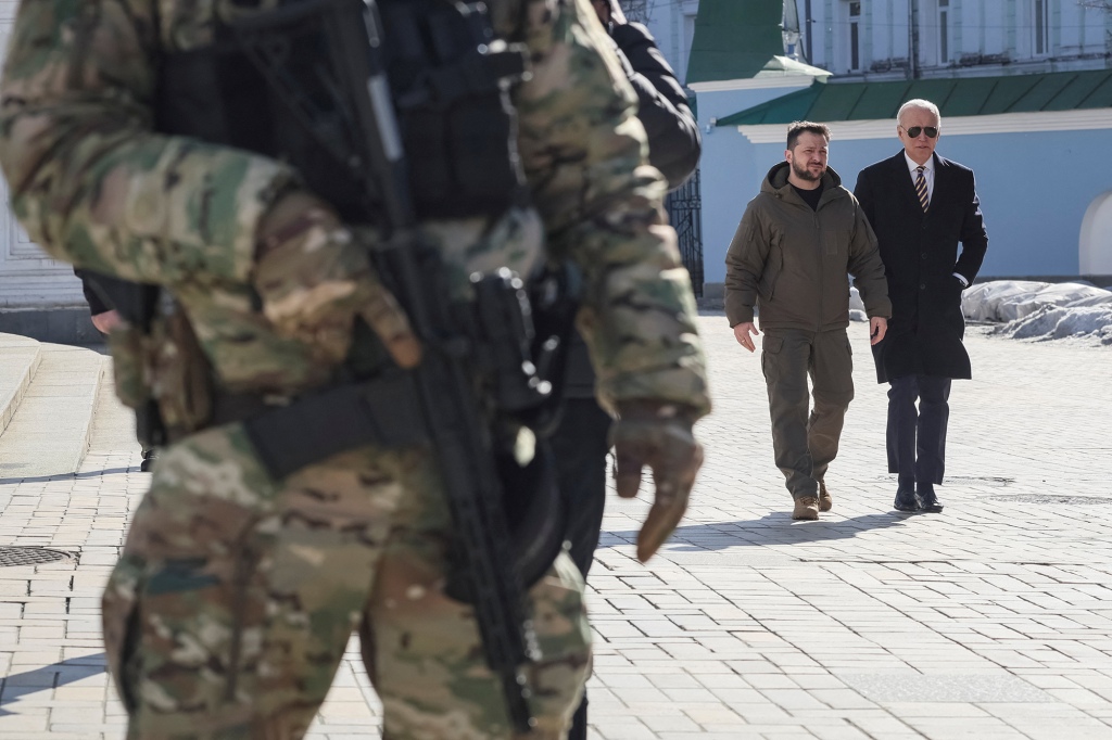 President Joe Biden and Ukraine's President Volodymyr Zelenskiy visit to Saint Michaelâs cathedral, amid Russia's attack on Ukraine, in Kyiv, Ukraine February 20, 2023.