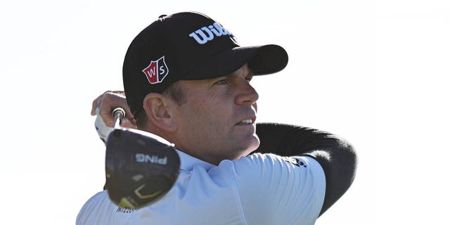 Brendan Steele of the United States plays his shot from the 14th tee of the South Course during the third round of the Farmers Insurance Open at Torrey Pines Golf Course on January 27, 2023, in La Jolla, California. 