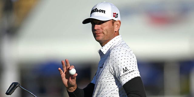 Brendan Steele of the United States reacts after a putt on the 18th green of the South Course during the second round of the Farmers Insurance Open at Torrey Pines Golf Course on January 26, 2023, in La Jolla, California.