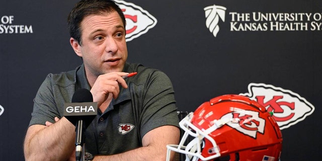 Kansas City Chiefs general manager Brett Veach talks about the NFL Draft during a news conference at team headquarters.