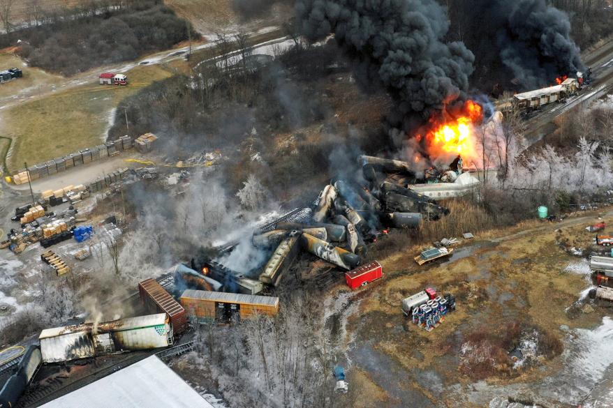 An aerial photo shows the Norfolk Southern freight train that derailed in East Palestine, Ohio, on Feb. 4, 2023.