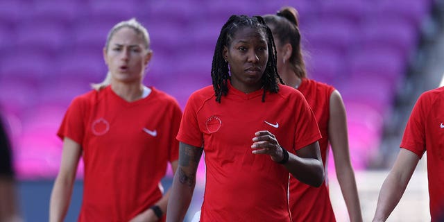 Kadeisha Buchanan of Canada looks on during a training session at Exploria Stadium on February 15, 2023 in Orlando, Florida.