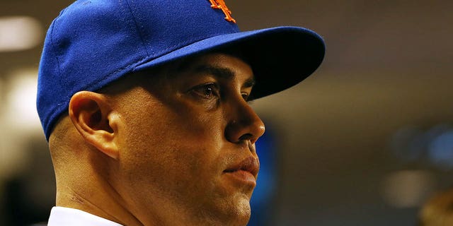 Carlos Beltran talks to the media after being introduced as manager of the New York Mets during a press conference at Citi Field Nov. 4, 2019, in New York City.