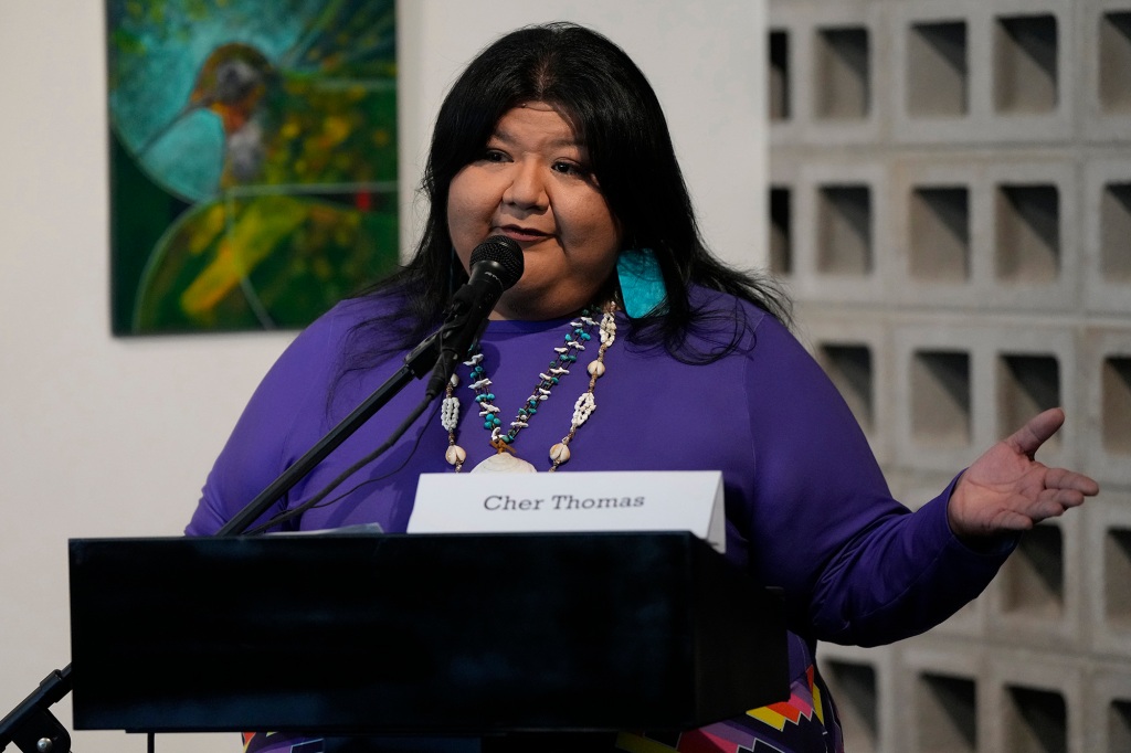 Cher Thomas speaks during a news conference by Native American advocacy groups, Thursday, Feb. 9, 2023, in Phoenix