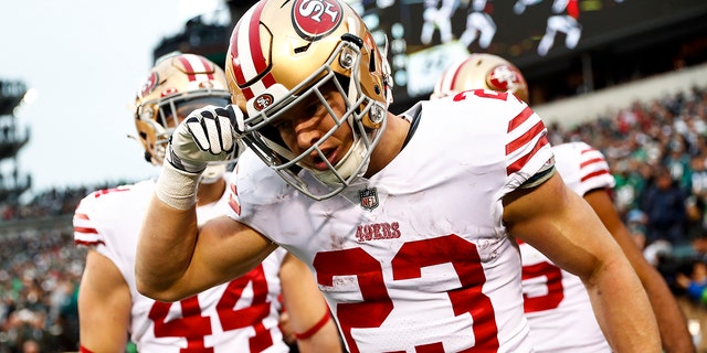 Christian McCaffrey #23 of the San Francisco 49ers celebrates with teammates after scoring a touchdown during the second quarter of the NFC Championship NFL football game against the Philadelphia Eagles at Lincoln Financial Field on January 29, 2023 in Philadelphia, Pennsylvania.