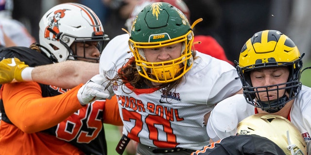 Cody Mauch of North Dakota State during the second day of Senior Bowl week at Hancock Whitney Stadium in Mobile, Alabama, on Feb. 1, 2023.