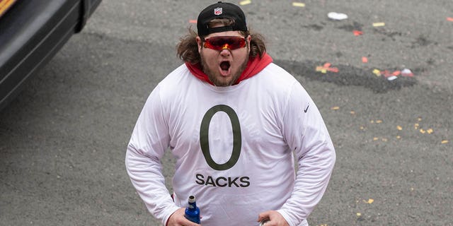 Kansas City Chiefs center Creed Humphrey celebrates at the Super Bowl LVII Champions Parade in downtown Kansas City, Mo., Feb 15, 2023.