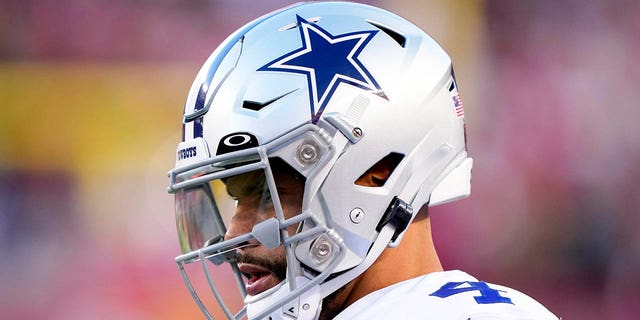 Dak Prescott, #4 of the Dallas Cowboys, looks on against the San Francisco 49ers during the first half in the NFC Divisional Playoff game at Levi's Stadium on January 22, 2023, in Santa Clara, California. 