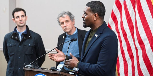 EPA Administrator Michael Regan speaks during a press conference after inspecting the site of a train derailment of hazardous material in East Palestine, Ohio, Feb. 16, 2023.