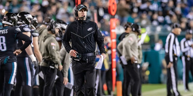 Eagles offensive coordinator Shane Steichen during the Green Bay Packers game on Nov. 27, 2022, at Lincoln Financial Field in Philadelphia.