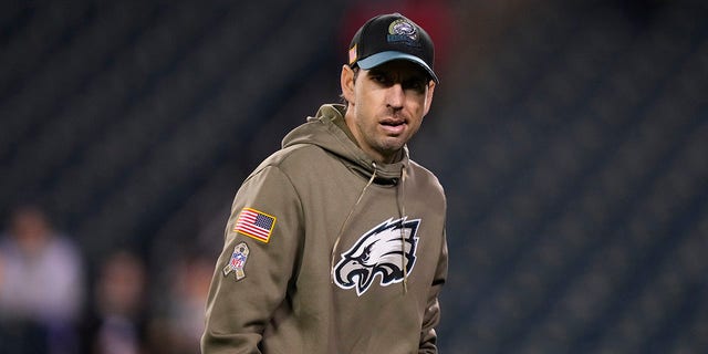 Eagles' Shane Steichen watches warmups before a game on Nov. 27, 2022, in Philadelphia.