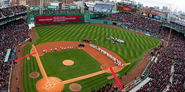 A general view during the Boston Red Sox's 2018 World Series championship ring ceremony before an opening day game against the Toronto Blue Jays April 9, 2019, at Fenway Park in Boston.