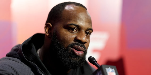 Fletcher Cox #91 of the Philadelphia Eagles speaks to the media during Super Bowl LVII Opening Night presented by Fast Twitch at Footprint Center on February 06, 2023 in Phoenix, Arizona.