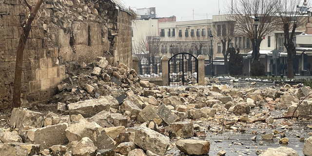 Stones are scattered throughout the grounds of the Gaziantep Castle in Turkey.