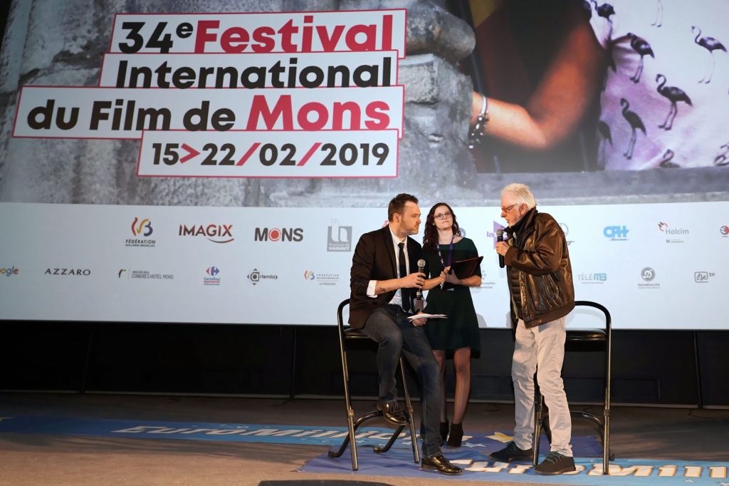 Festival Chief Executive Officer Maxime Dieu (L) and Hugh Hudson (R) attends the tribute to Hugh Hudson at 34th Mons International Film Festival on Feb. 19, 2019, in Mons, Belgium. 