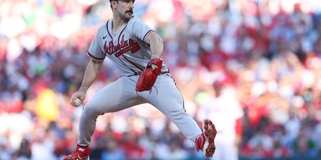 Spencer Strider, #65 of the Atlanta Braves, pitches in the first inning during the game between the Atlanta Braves and the Philadelphia Phillies at Citizens Bank Park on Friday, Oct. 14, 2022 in Philadelphia.