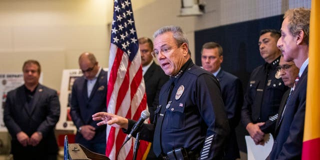 LAPD Chief Michel Moore speaks at a news conference. Mayor Bass is also seeking to hire additional homicide detectives to work on cases while also tackling the staffing shortage due to retirements and other departures. 