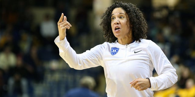 Duke Blue Devils head coach Kara Lawson reacts to an officials call during a regular season non-conference women's college basketball game between the Duke Blue Devils and the Toledo Rockets on Nov. 20, 2022 at Savage Arena in Toledo, Ohio.  