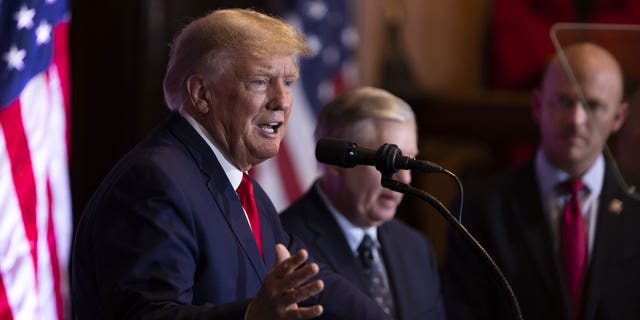 Former President Trump speaks during a campaign event at the South Carolina State House in Columbia, South Carolina, Saturday, Jan. 28, 2023.