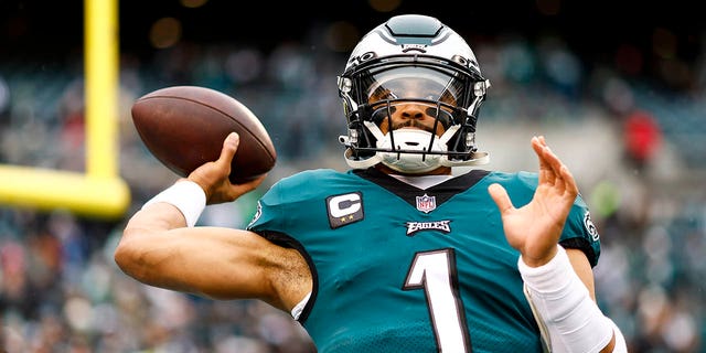 Jalen Hurts of the Philadelphia Eagles warms up prior to the NFC championship game against the San Francisco 49ers at Lincoln Financial Field Jan. 29, 2023, in Philadelphia. 