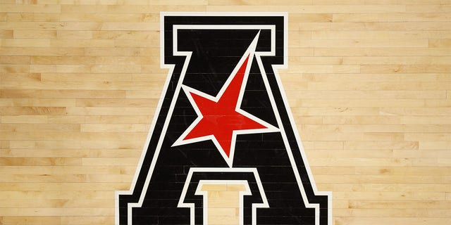 An American Athletic Conference logo during a game between the Tulsa Golden Hurricane and the Cincinnati Bearcats Feb. 1, 2023, at Fifth Third Arena in Cincinnati. 