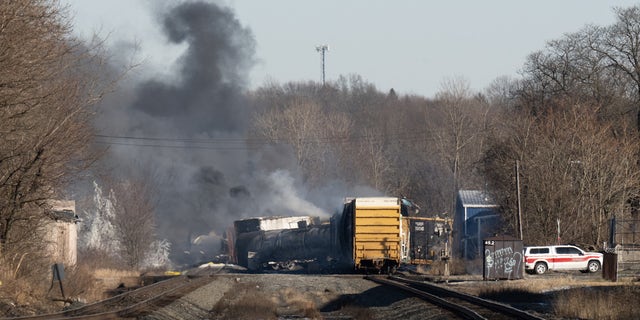 Smoke rises from a derailed cargo train in East Palestine, Ohio, on February 4, 2023. - The train accident sparked a massive fire and evacuation orders, officials and reports said Saturday. No injuries or fatalities were reported after the 50-car train came off the tracks late February 3 near the Ohio-Pennsylvania state border. The train was shipping cargo from Madison, Illinois, to Conway, Pennsylvania, when it derailed in East Palestine, Ohio. 