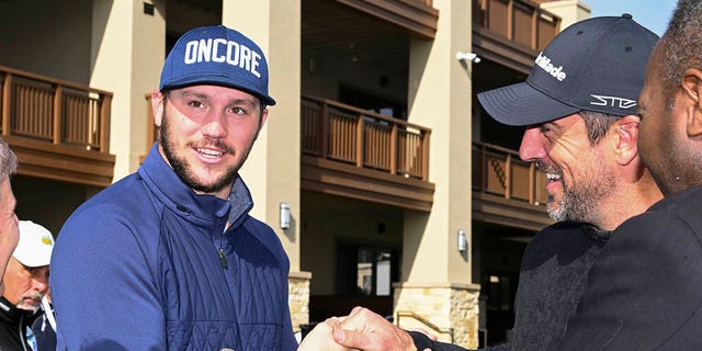 Buffalo Bills quarterback Josh Allen and Green Bay Packers quarterback, Aaron Rodgers are interviewed during the continuation of the third round of the AT&amp;amp;T Pebble Beach Pro-Am at Pebble Beach Golf Links on February 5, 2023 in Pebble Beach, California. 