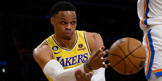 Russell Westbrook of the Los Angeles Lakers passes against the Oklahoma City Thunder in the first half of a game at the Crypto.com Arena in Los Angeles Tuesday, Feb. 7, 2023. 