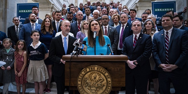 Sarah Huckabee Sanders, governor of Arkansas, speaks at the Arkansas State Capitol in Little Rock, Arkansas, on Wednesday, Feb. 8, 2023. 