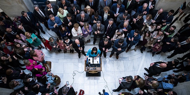 Sarah Huckabee Sanders, governor of Arkansas, unveils the Arkansas LEARNS education bill in Little Rock, Arkansas, on Wednesday, Feb. 8, 2023.