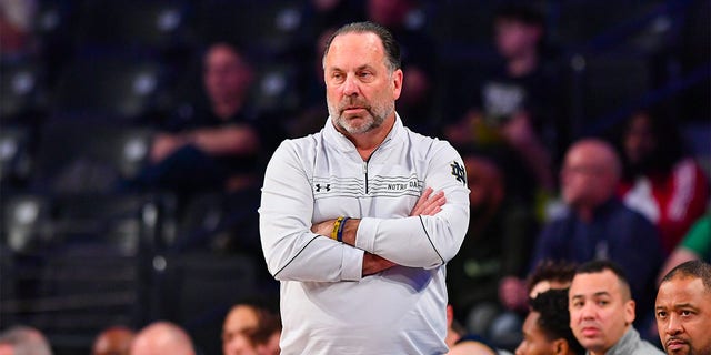 Notre Dame head coach Mike Brey looks on during the college basketball game between the Notre Dame Fighting Irish and the Georgia Tech Yellow Jackets on February 8th, 2023 at Hank McCamish Pavilion in Atlanta, GA.  