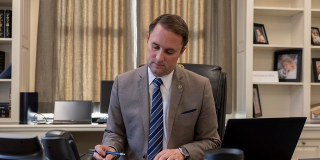 RICHMOND, VA - JANUARY 19:   The newly sworn-in Attorney General of Virginia, Jason Miyares works from his office January 19, 2022 in Richmond, Virginia. 