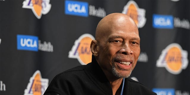 Kareem Abdul-Jabbar talks to the media during a press conference before the Milwaukee Bucks game against the Los Angeles Lakers at Crypto.Com Arena in Los Angeles on Feb 9, 2023.