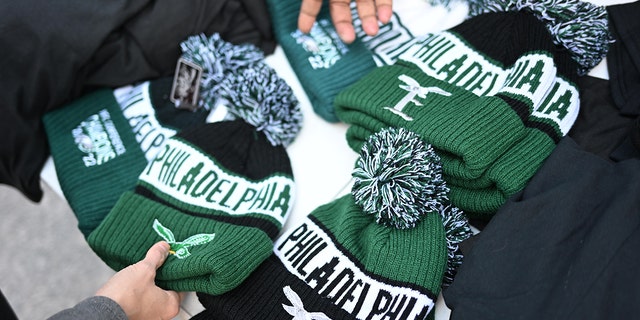 Street vendors sell Philadelphia Eagles themed apparel ahead of Super Bowl LVI on February 10, 2023, in Philadelphia, Pennsylvania. 