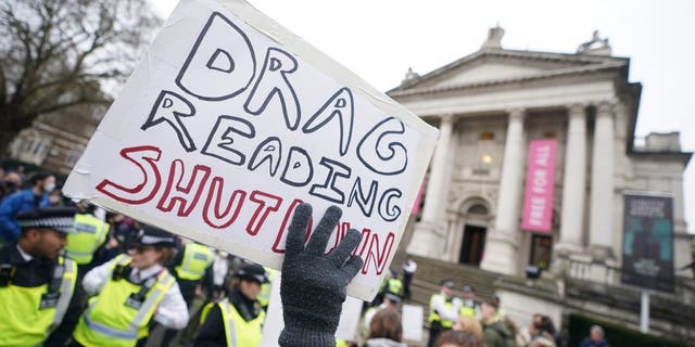 Protesters outside the Tate Britain in London, which has been hosting a drag queen story-telling event for children. Far-right protesters clashed with counter-protesters who appeared in support of the story-telling. 