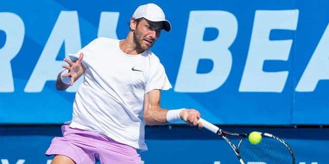 Matija Pecotic competes during the qualifying round of the Delray Beach Open on Feb. 12, 2023, in Florida.