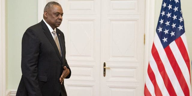 Secretary of Defense Lloyd Austin arrives for talks with Estonia's Prime Minister in Tallinn, Estonia, on Feb. 16, 2023.