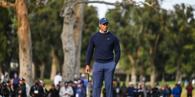 Tiger Woods waits to putt during the Genesis Invitational at Riviera Country Club on Feb. 16, 2023.