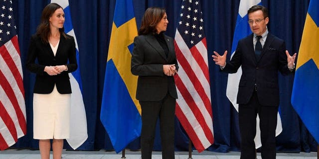 (L to R) Finland's Prime Minister Sanna Marin, Vice President Kamala Harris and Sweden's Prime Minister Ulf Kristersson pose for photographers at the Munich Security Conference in Munich, Feb. 18, 2023.