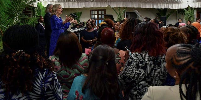 First lady Jill Biden and U.S. Ambassador to Kenya Meg Whitman give speeches during a meeting with Kenyan women leaders at the US Embassy residence on the first day of her state visit in Nairobi on Feb. 24, 2023. 