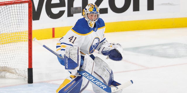 Goaltender Craig Anderson, #41 of the Buffalo Sabres, warms up prior to the game against the Florida Panthers at the FLA Live Arena on February 24, 2023, in Sunrise, Florida. 