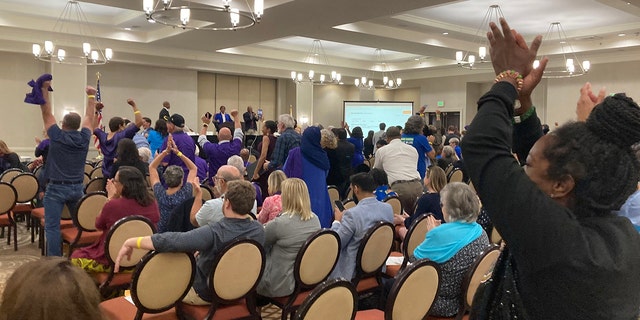 Florida Democrats cheer after electing former Agricultural Commissioner and gubernatorial candidate Nikki Fried as chair of the state party on Saturday, Feb. 25, 2023, in Orlando, Florida. 