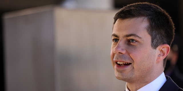 U.S. Secretary of Transportation Pete Buttigieg speaks to Amtrak employees during a visit at Union Station February 5, 2021 in Washington, DC. 