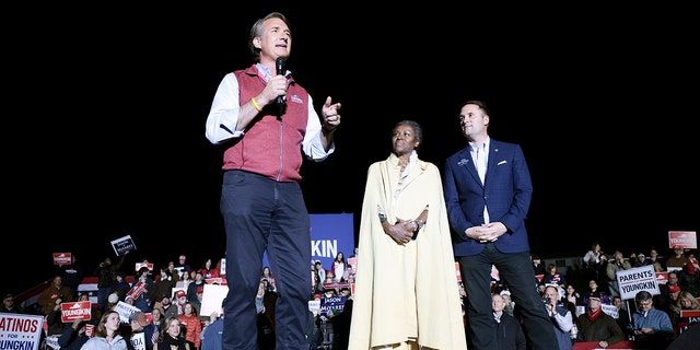 Virginia Gov. Glenn Youngkin, Virginia Lieutenant Gov. Winsome Sears, and Virginia Republican Attorney General Jason Miyares at the Loudon County Fairground on November 01, 2021 in Leesburg, Virginia. 