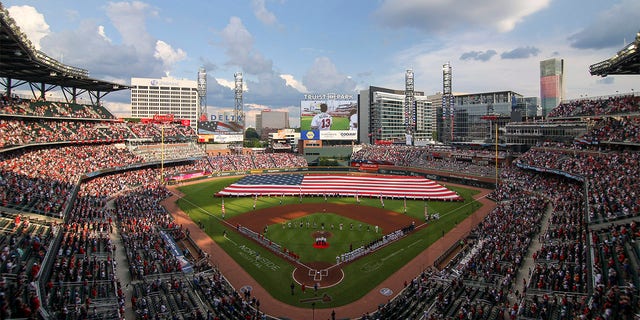 A general view of Truist Park during the National Anthem before a game between the Atlanta Braves and St. Louis Cardinals on July 4, 2022 in Atlanta.