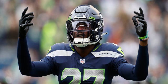 Tariq Woolen of the Seattle Seahawks reacts during the first quarter against the New York Giants at Lumen Field Oct. 30, 2022, in Seattle. 