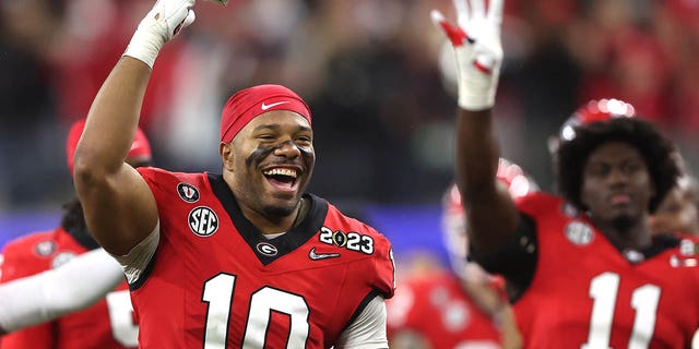 Jamon Dumas-Johnson, #10 of the Georgia Bulldogs, celebrates in the fourth quarter against the TCU Horned Frogs in the College Football Playoff National Championship game at SoFi Stadium on Jan. 9, 2023 in Inglewood, California. 