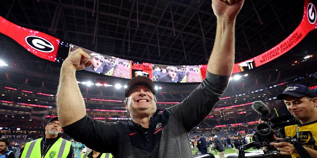 Head coach Kirby Smart of the Georgia Bulldogs celebrates winning the College Football Playoff National Championship on Jan. 9, 2023.  